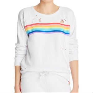 Chaser Brand Rainbow Stripe Distressed Crewneck